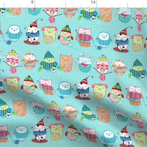 Knitting Fabric -Itty Bitty Knitting Committee Aqua By Designed By Debby- Knitting Animals Winter Cotton Fabric By The Yard With Spoonflower
