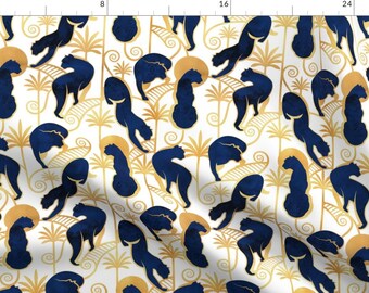 Panthers Sunshine Silouhette Fabric - Deco Panthers Garden // Normal Scale // White Background Navy And Gold Big Cats By Selmacardoso
