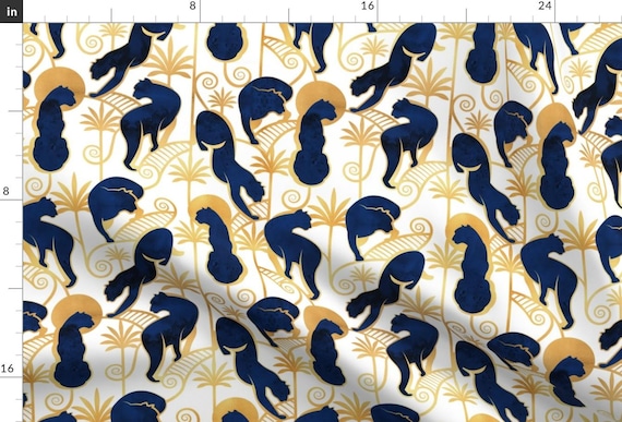 Panthers Sunshine Silouhette Fabric - Deco Panthers Garden // Normal Scale // White Background Navy And Gold Big Cats By Selmacardoso