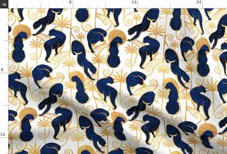 Panthers Sunshine Silouhette Fabric - Deco Panthers Garden // Normal Scale // White Background Navy And Gold Big Cats By Selmacardoso imagen 1