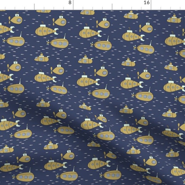 Submarine Fabric - Submarines By Sweetmelodydesigns - Navy Yellow Submarine Nautical Boy Nursery Cotton Fabric By The Yard With Spoonflower