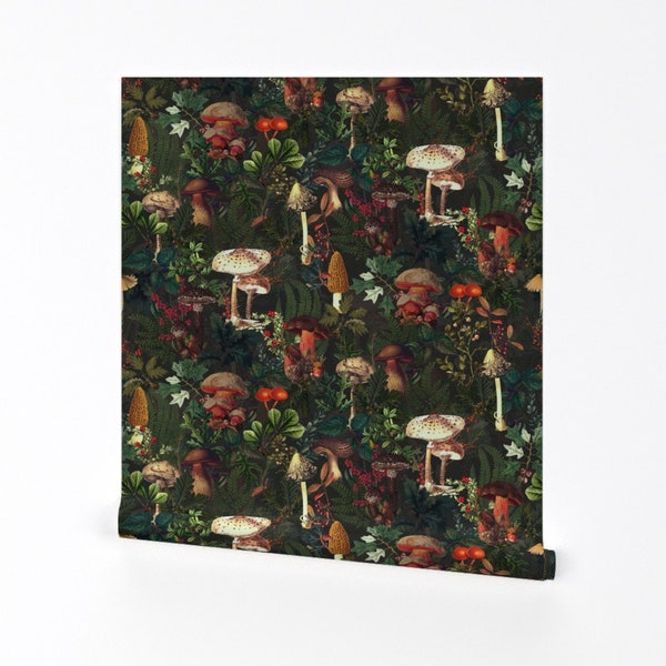 Dark Moody Forest Wallpaper - Beware Poison by utart - Mushroom Vintage Antique Greenery Removable Peel and Stick Wallpaper by Spoonflower