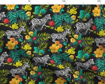 Zebra Jungle Fabric - Tropical Plants With Zebra By Juliabadeeva- Zebra Tropical Floral and Ferns Cotton Fabric By The Yard With Spoonflower