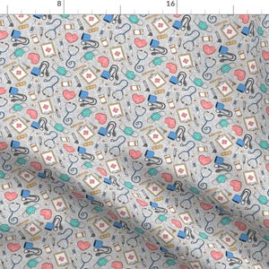 Medical Fabric - Medical Supplies By Littlearrowdesign - Gray Blue Red Syringe Scope Doctor Nurse Cotton Fabric By The Yard WIth Spoonflower
