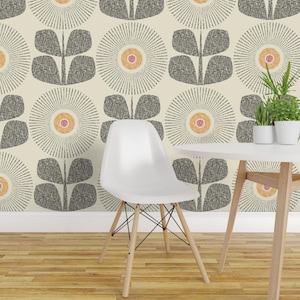 Mid Century Modern Peel and Stick Wallpaper - Retro Floral Large Scale Neutral Cream - Removable Wall Decor Art - Sunflowers by maeparadise