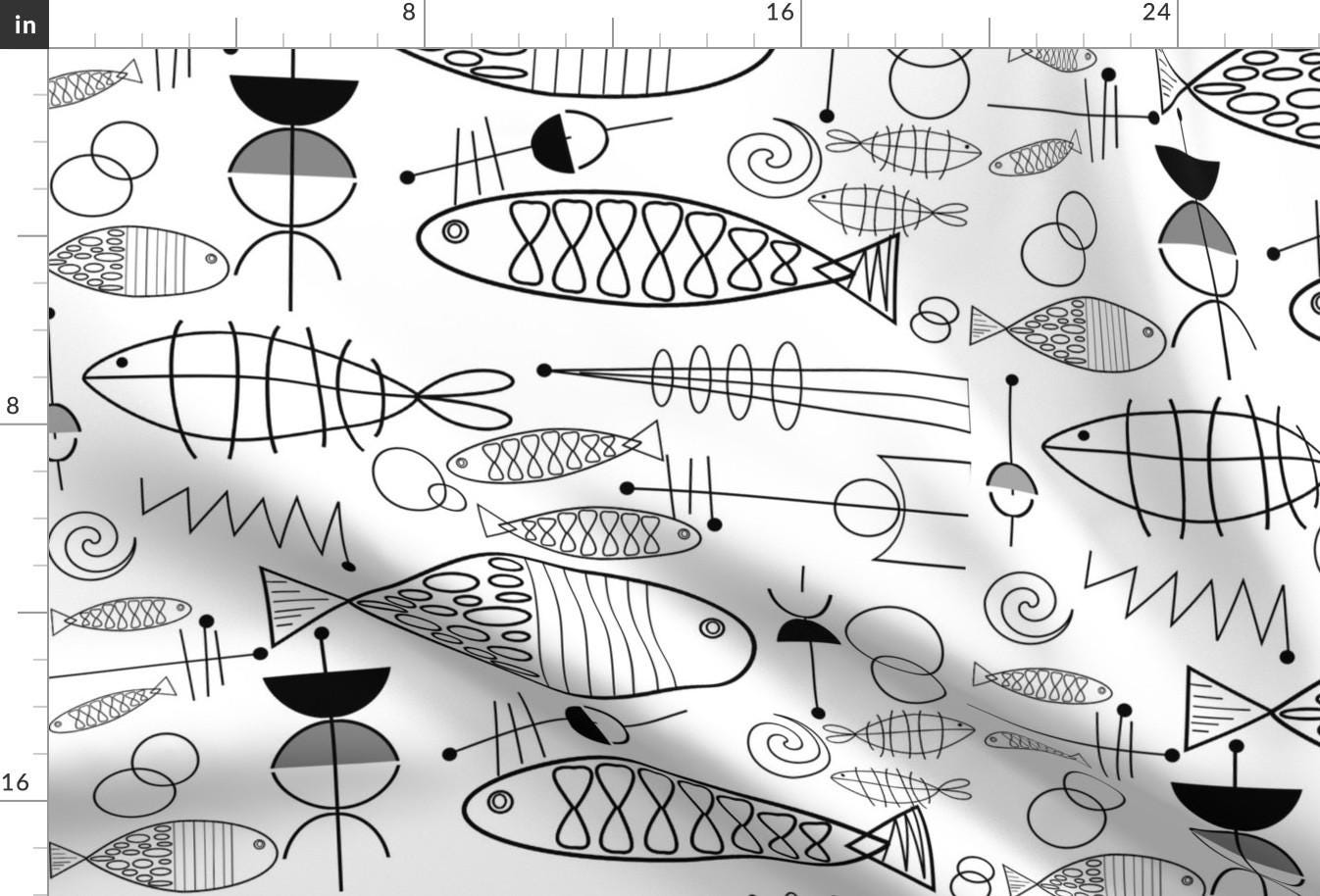 Mid-Century Fish Fabric - Mid-Century Modern Fish Black White By Hot4tees Bg@Yahoo Com - Black Cotton Fabric By The Yard With Spoonflower