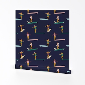 Surfing Wallpaper - Soul Surfers Dark Blue By Tasiania - Women Beach Custom Printed Removable Self Adhesive Wallpaper Roll by Spoonflower