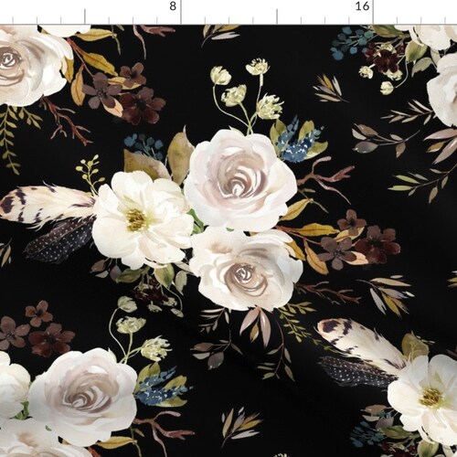 Black Fabric by the Yard Black Floral Fabric Black Flower Etsy