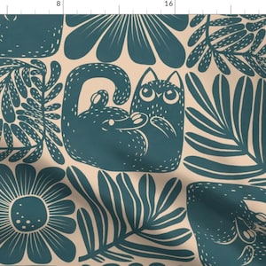 Teal Block Print Fabric - Cats And Flowers by graf_katz - Retro Petrol Floral Cat Cream Squares Modern Fabric by the Yard by Spoonflower