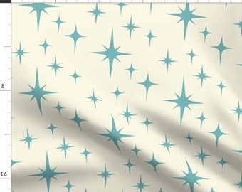 Atomic Teal Blue Stars Fabric - Atomic Starburst Blue By Roofdog Designs - Atomic Blue Astro Cotton Fabric By The Yard With Spoonflower