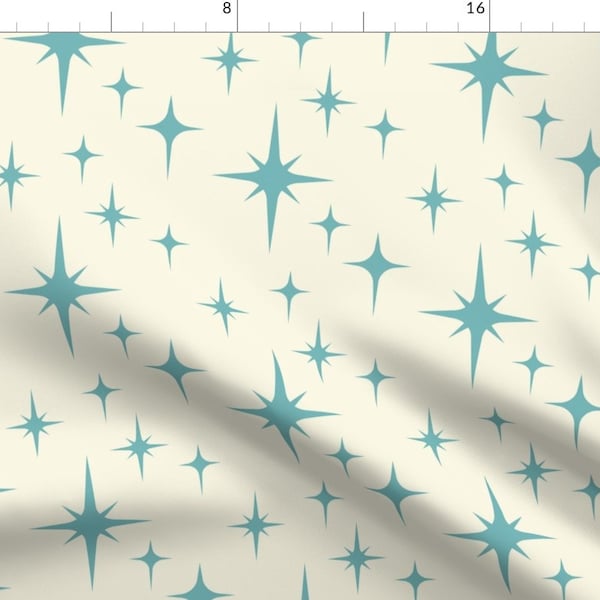 Atomic Teal Blue Stars Fabric - Atomic Starburst Blue By Roofdog Designs - Atomic Blue Astro Cotton Fabric By The Yard With Spoonflower