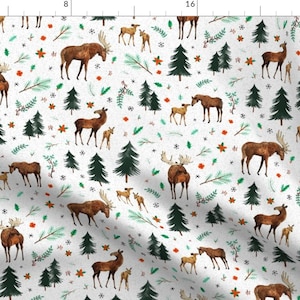 Moose Fabric - Alpine Moose In White By Wildship- Watercolor Winter Woodland Moose Holiday Winter Cotton Fabric By The Yard With Spoonflower