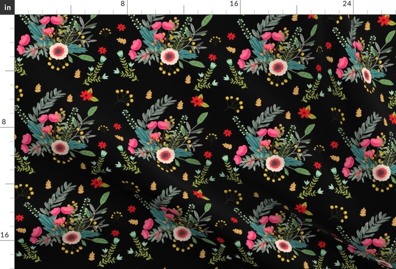 Floral Fabric Boho Floral / Black Background By Shopcabin | Etsy