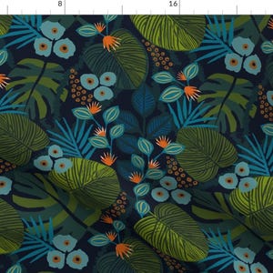 Night Jungle Fabric - Moody Tropical Fun In Blue Green Teal Large Scale By Nancy Bradham - Palm Cotton Fabric by the Yard with Spoonflower