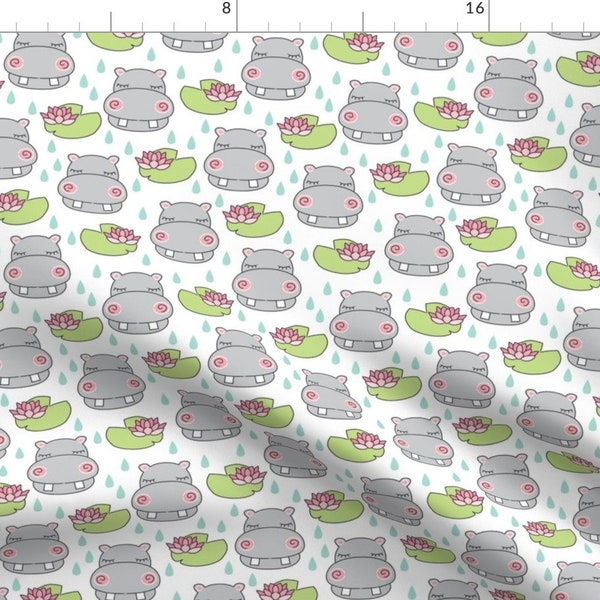 Gray Hippo Fabric - Grey Hippos And Water Lilies By Lilcubby - Hippo Nursery Decor Cotton Fabric By The Yard With Spoonflower