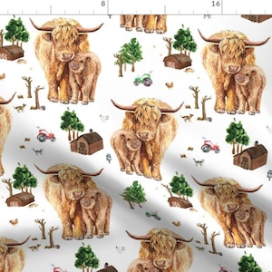 Highland Cow Fabric - Highland Cattle Farm By Karolina Papiez - Scottish Highland Cow Barn Farm Cotton Fabric By The Yard With Spoonflower