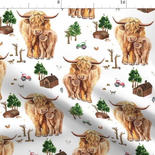 Highland Cow Fabric - Highland Cattle Farm By Karolina Papiez - Scottish Highland Cow Barn Farm Cotton Fabric By The Yard With Spoonflower