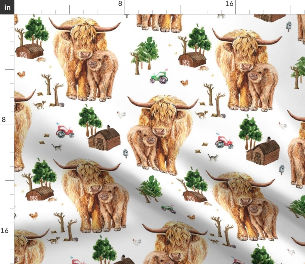 Highland Cow Floral Fabric, Fabric by the Yard, Cate and Rainn, Avaleigh Highland  Cow, Quilting Cotton, Bamboo, Canvas, Spandex, Rib Knit 