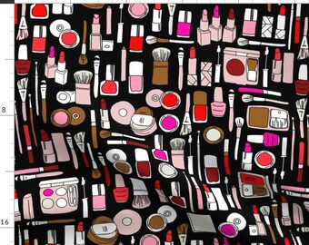 Makeup Fabric - Red Pink Magenta on Black Eyeshadow Lipstick Girly Feminine By Andrea Lauren - Cotton Fabric By The Yard With Spoonflower