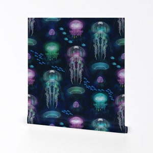 Bioluminescence Wallpaper - Jellyfish Deep Ocean By Minnacinnamon - Ocean Kids Science Removable Self Adhesive Wallpaper Roll by Spoonflower