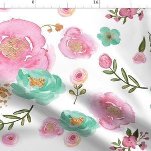 Pink Mint Floral Fabric - Watercolor Pink, Mint And Gold Floral By Twodreamsshop - Watercolor Cotton Fabric by the Yard with Spoonflower