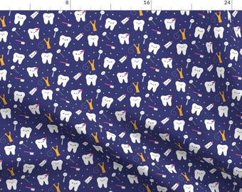 May include: A seamless pattern featuring white cartoon teeth with pink bows and happy faces on a dark blue background. The pattern also includes small white dots, toothbrushes, floss, and slingshots.