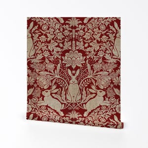 Victorian Damask Removable Peel and Stick Wallpaper - Medieval Deep Red Beige - Wall Art Wall Decor - Rabbit Damask by rumanajdesigns