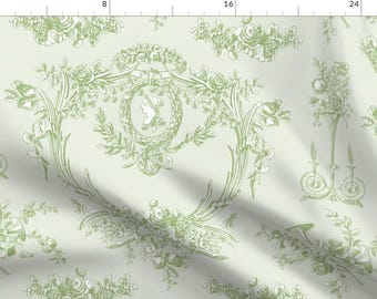 French Style Fabric - Marie Toile Basil Green by lilyoake - Vintage Rococo Shabby Chic Cottagecore Toile Fabric by the Yard by Spoonflower