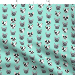 Frenchie Fabric - Dog French Bulldogs Grey & Black White Puppy Mint Aqua  Fabric By Petfriendly - Cotton Fabric by the Yard With Spoonflower
