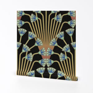 Black Removable Peel and Stick Wallpaper -  Flower Abstract Art Deco Egyptian Egypt - Wall Art Wall Decor - Papyrus Flowers  by analinea