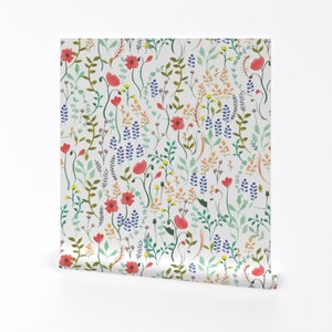 Flowers Wallpaper - Wildflowers By Valeri Nick - Flowers Red Blue Green Custom Printed Removable Self Adhesive Wallpaper Roll by Spoonflower
