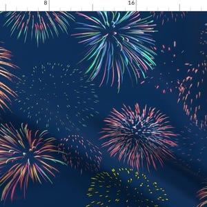 May include: A seamless pattern featuring colorful fireworks exploding against a dark blue background. The fireworks are stylized and resemble a celebration of Independence Day or New Year's Eve.