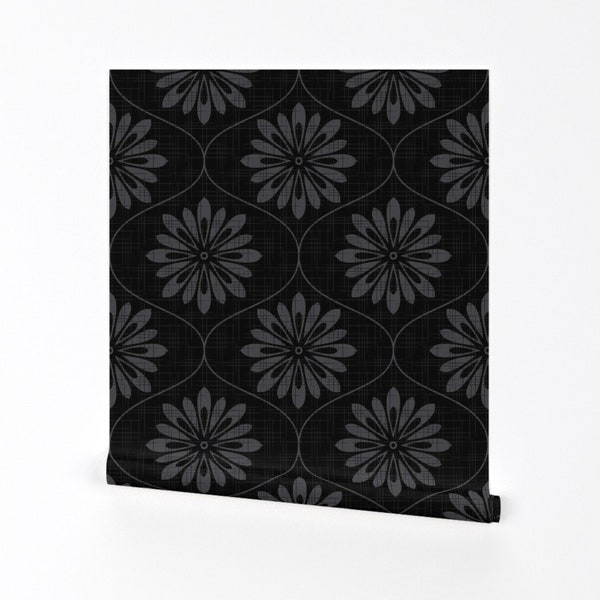 Dark Flower Wallpaper - Flower Weave Black Matte By Wickedrefined - Trellis Geo Floral Removable Self Adhesive Wallpaper Roll by Spoonflower