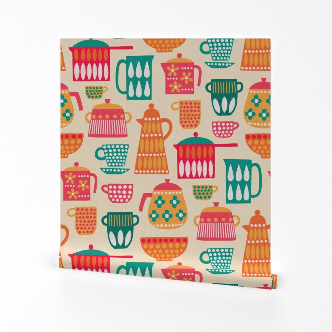 Vintage Kettles Wallpaper Retro Kitchen Pots by Aaron_gallen Etsy