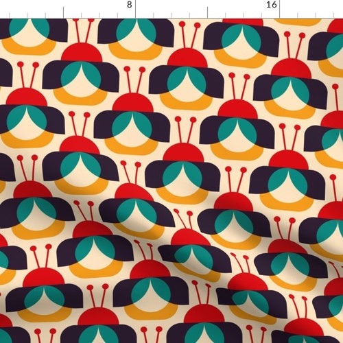 Retro Ladybugs Fabric - Retro Ladybugs by roucoucou - Teal And Red Summer Nursery Bug Funny Insect Beetle Fabric by the Yard by Spoonflower