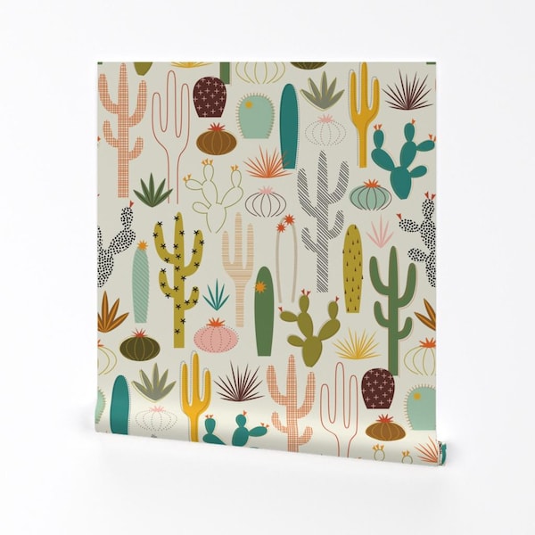Midcentury Modern Removable Peel and Stick Wallpaper - Cactus Desert Garden Flower  - Wall Art Wall Decor - Mod Desert Garden by katerhees