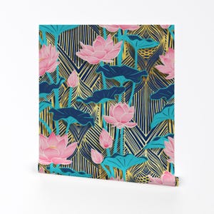 Art Deco Wallpaper - Art Deco Lotus Flower In Pink Navy By Micklyn - Bold 1920 Tropics Removable Self Adhesive Wallpaper Roll by Spoonflower