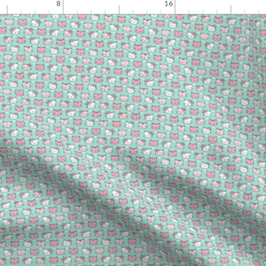 Pink Cats Fabric - Pink Cats Faces With Bows And Hearts On Mint Green Tiny Small By Caja Design - Cotton Fabric By The Yard With Spoonflower image 1