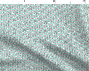 Pink Cats Fabric - Pink Cats Faces With Bows And Hearts On Mint Green Tiny Small By Caja Design - Cotton Fabric By The Yard With Spoonflower