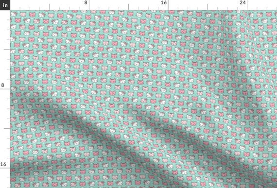 Pink Cats Fabric - Pink Cats Faces With Bows And Hearts On Mint Green Tiny Small By Caja Design - Cotton Fabric By The Yard With Spoonflower