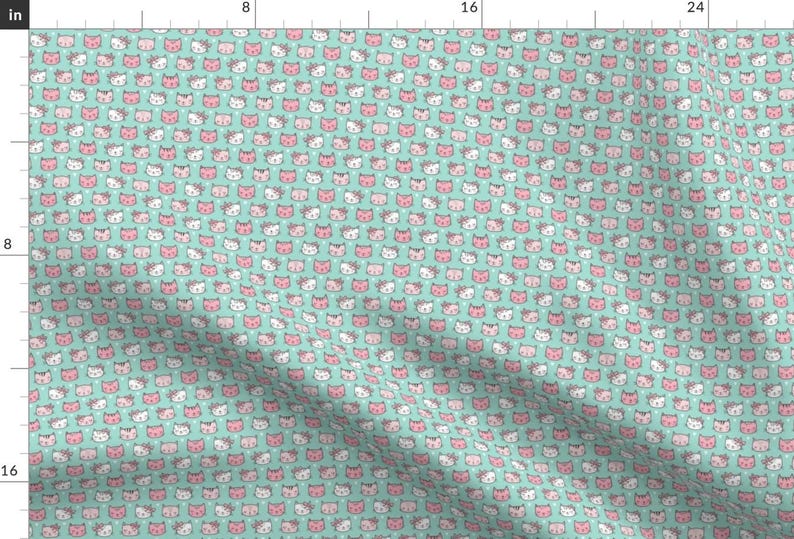 Pink Cats Fabric - Pink Cats Faces With Bows And Hearts On Mint Green Tiny Small By Caja Design - Cotton Fabric By The Yard With Spoonflower image 1