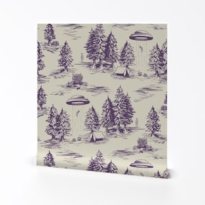Alien Toile Wallpaper - Alien Abduction Toile by somecallmebeth - Beige Purple Large Scale Removable Peel and Stick Wallpaper by Spoonflower