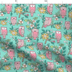 Owl Fabric - Owls And Flowers On Mint Green By Caja Design - Owl Pink Mint Flowers Trees Nursery Cotton Fabric By The Yard With Spoonflower