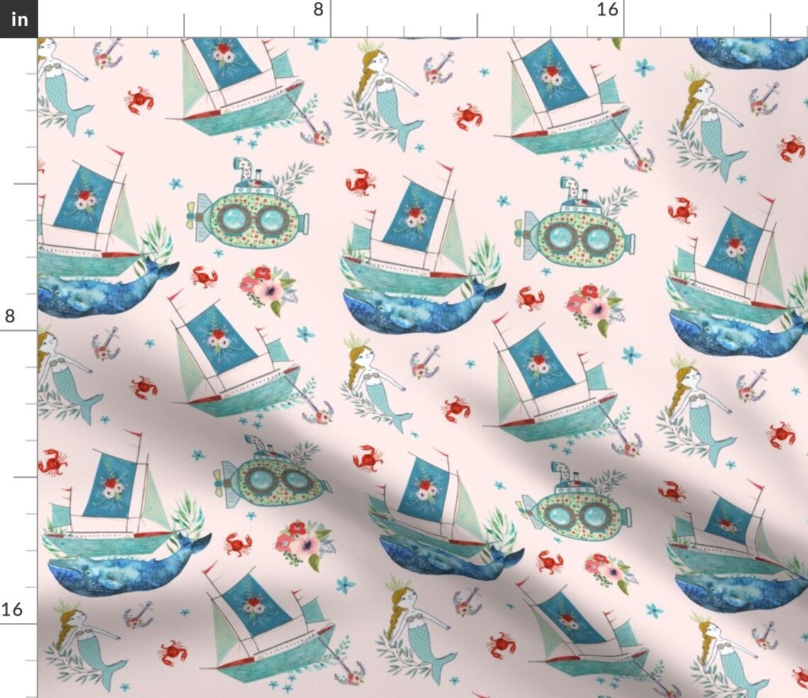 Pink Baby Girl Nautical Fabric nautical Floral Ship Mermaid / Etsy