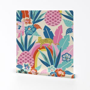 Maximalist Tropical Removable Peel and Stick Wallpaper - Leopard Print Pink Pineapple - Wall Art Wall Decor - Tropical Fantasy by vivdesign