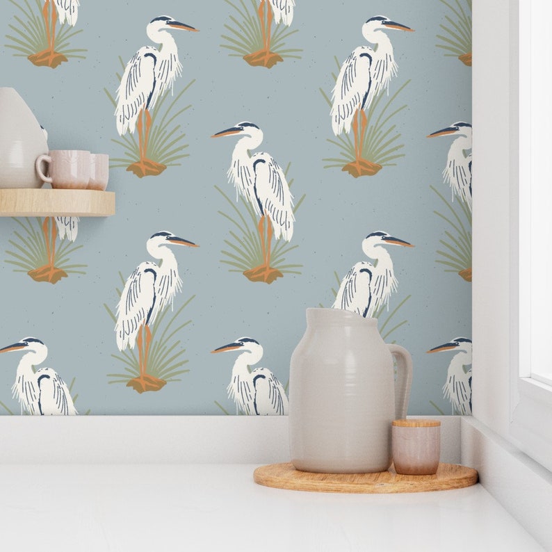 Vintage Herons Wallpaper Coastal Cranes by Coastlstudio Etsy