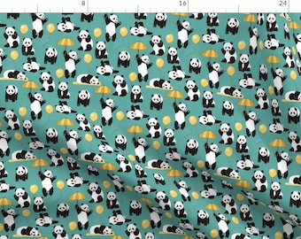 Panda Fabric - Panda Play By Tangerine-Tane - Cute Panda Yellow Balloons Umbrella Baby Nursery Cotton Fabric By The Yard With Spoonflower