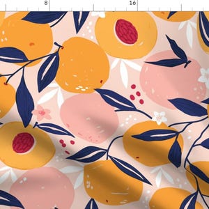 Stone Fruit Fabric - Just Peachy Large Scale By Sally Mountain - Pink Orange Navy Fruit Summer Cotton Fabric By The Yard With Spoonflower
