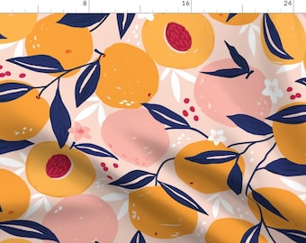 Stone Fruit Fabric - Just Peachy Large Scale By Sally Mountain - Pink Orange Navy Fruit Summer Cotton Fabric By The Yard With Spoonflower