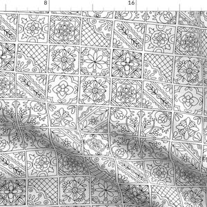 Hand Drawn Tile Fabric - Talavera Tiles By Snowflower- Black And White Coloring Book Outline Kids Cotton Fabric By The Yard With Spoonflower